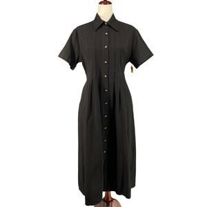 Vtg 80s 90s Two Potato Button Down Tie Back Short Sleeve Maxi Dress XS Black NOS
